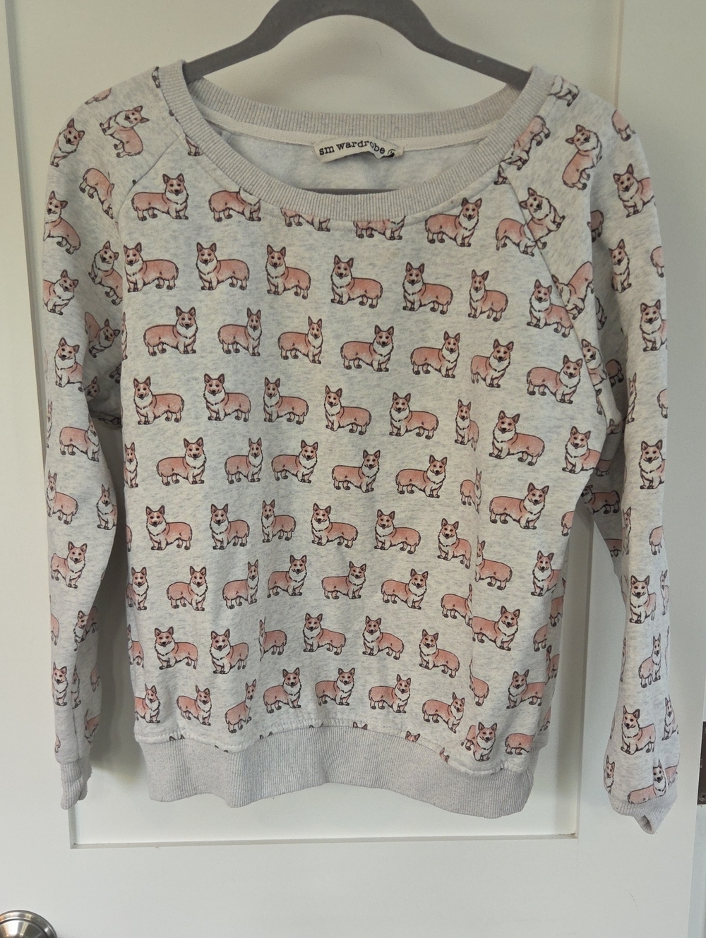 SM Wardrobe Light Gray Corgi-Print Crewneck Sweatshirt
